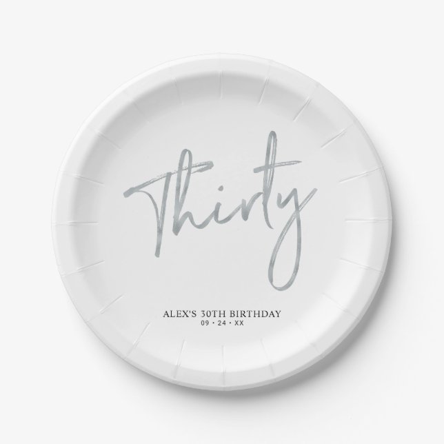 Silver Thirty Lettering 30th birthday Paper Plates (Front)