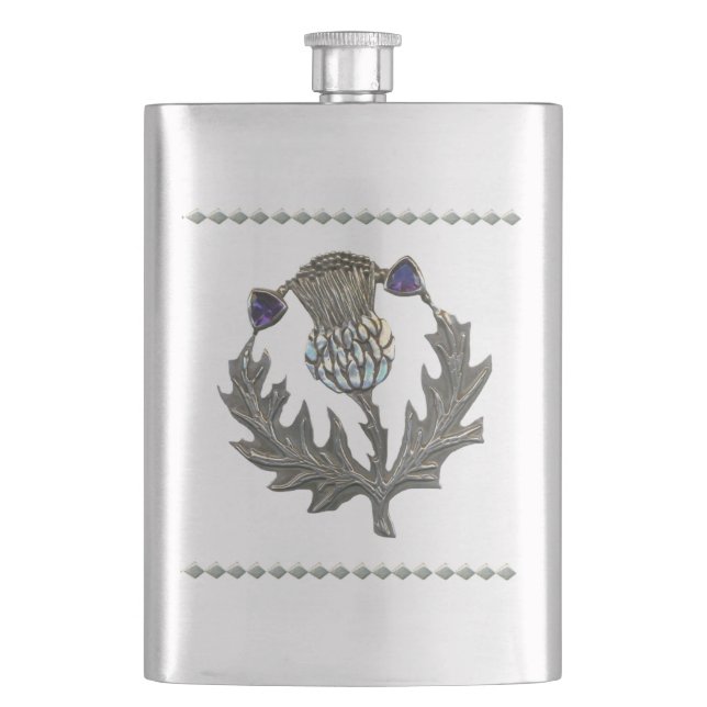 Silver Thistle on Stainless Hip Flask (Front)