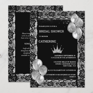 Silver tiara black lace balloons elegant party  invitation