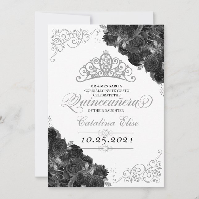 Silver Tiara Black Roses Glitter Quinceañera Invitation (Front)