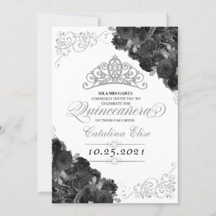 Silver Tiara Black Roses Glitter Quinceañera Invitation