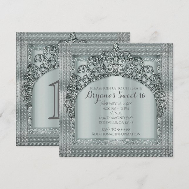 Silver Tiara Crown & Diamond Bling Invitations (Front/Back)