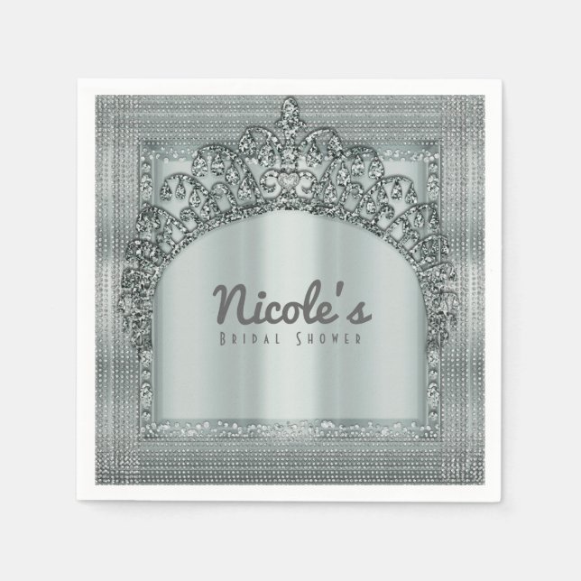 Silver Tiara Crown & Diamond Bling Party Elegant Napkin (Front)