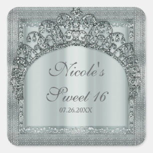 Silver Tiara Crown & Diamond Bling Party Favour Square Sticker