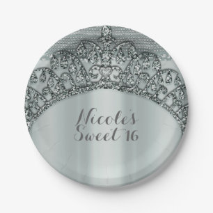 Silver Tiara Crown & Diamond Bling Party Paper Plate