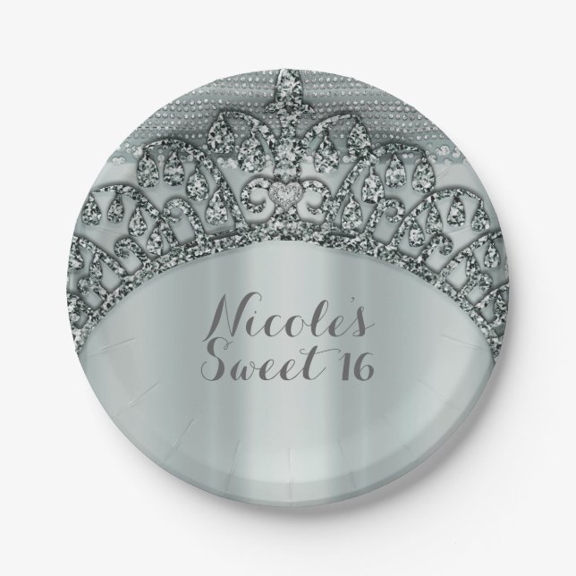 Silver Tiara Crown & Diamond Bling Party Paper Plate (Front)