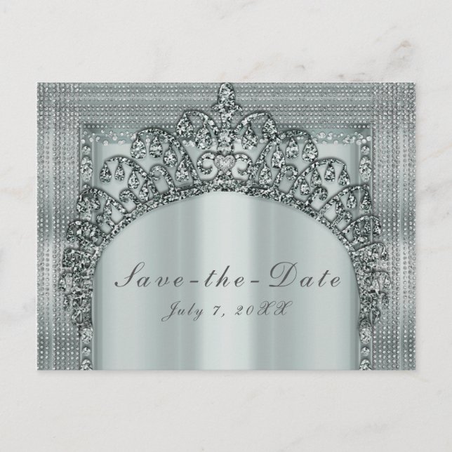 Silver Tiara Crown & Diamond Bling Save the Date Announcement Postcard (Front)