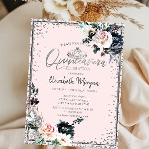 Silver Tiara,Diamond Frame White Flowers Invitation