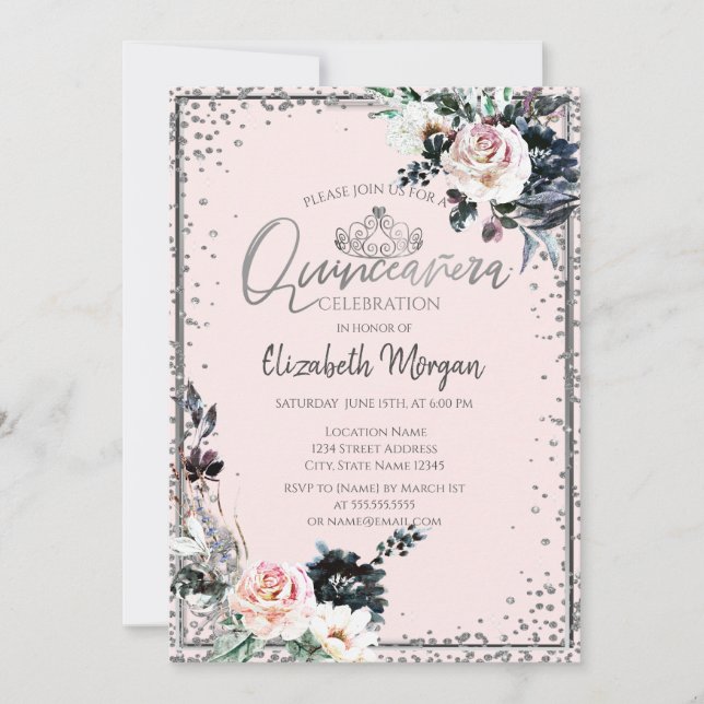 Silver Tiara,Diamond Frame White Flowers  Invitation (Front)