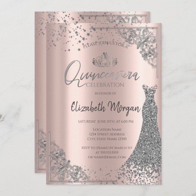 Silver Tiara Dress Stars Rose Gold Quinceañera  Invitation (Front/Back)