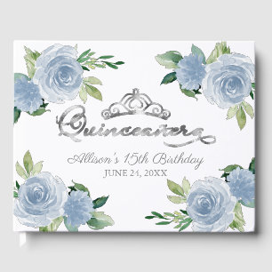 Silver Tiara Light Blue Floral Quinceanera  Guest Book