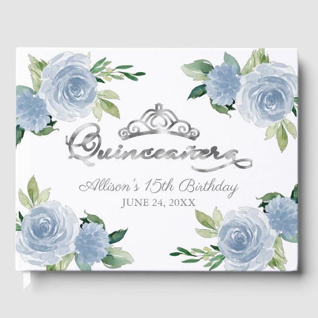 Silver Tiara Light Blue Floral Quinceanera  Guest Book (Front)