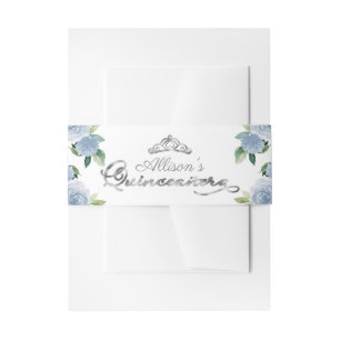 Silver Tiara Light Blue Floral Quinceanera Invitation Belly Band