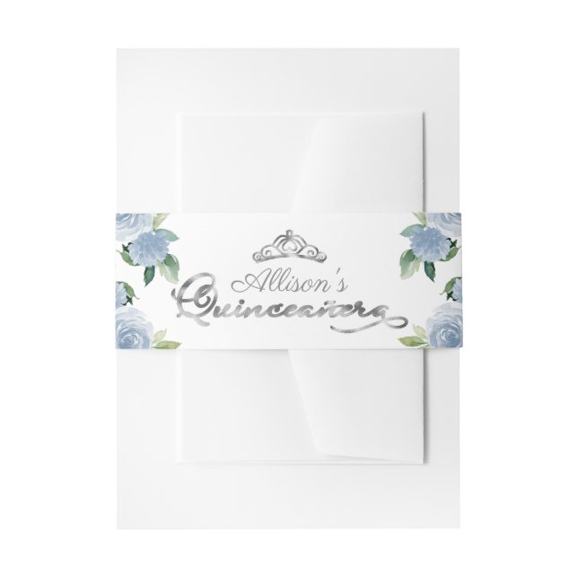 Silver Tiara Light Blue Floral Quinceanera Invitation Belly Band (Front Example)