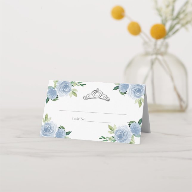 Silver Tiara Light Blue Floral Quinceanera Party Place Card (Front)