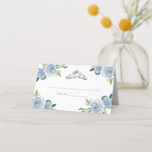 Silver Tiara Light Blue Floral Quinceanera Party Place Card