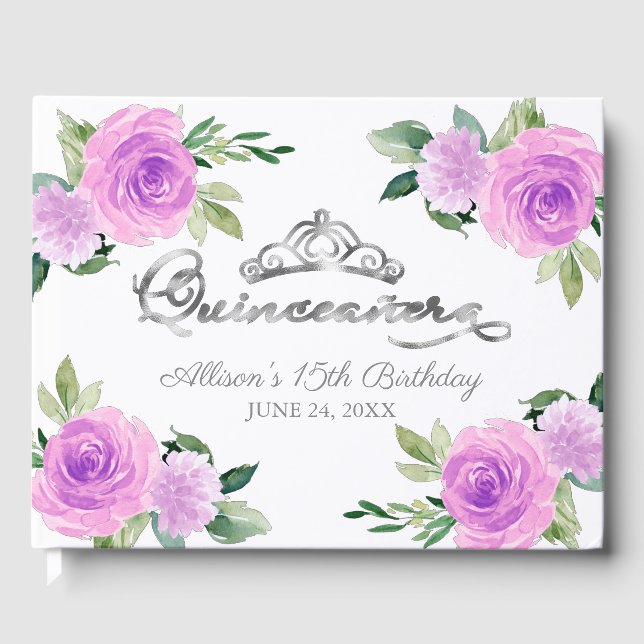 Silver Tiara Light Purple Floral Quinceanera Guest Book (Front)
