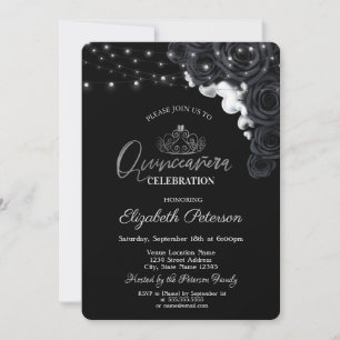 Silver Tiara,Lights Black Roses Quinceañera   Invitation