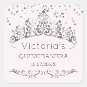 Silver tiara, polka dot confetti Quinceanera Square Sticker