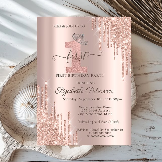 Silver Tiara Rose Gold Drips 1st Birthday Invitation (Creator Uploaded)