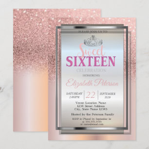 Silver Tiara, Rose Gold Glitter Sweet 16 Party Invitation
