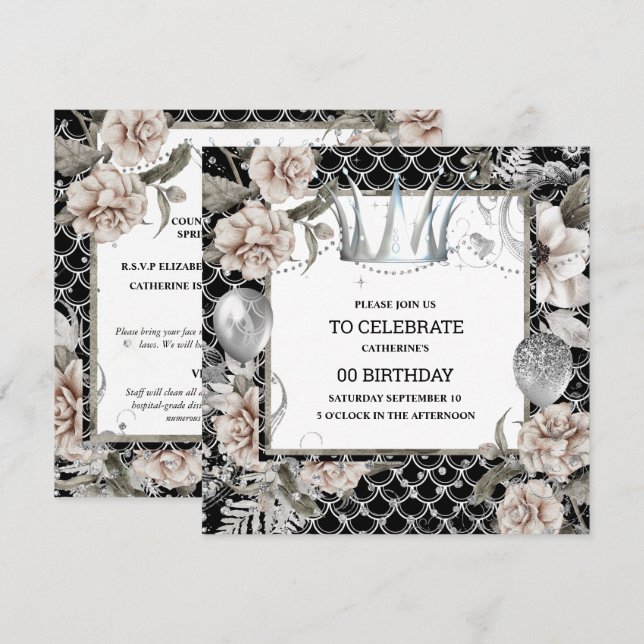 Silver tiara shabby chic floral mermaid scales invitation (Front/Back)