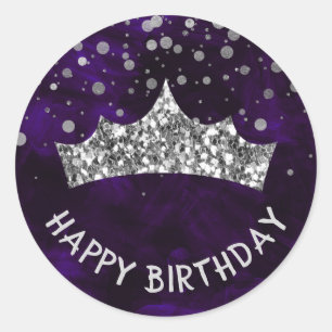 Silver Tiara with silver bokeh & Purple birthday Classic Round Sticker