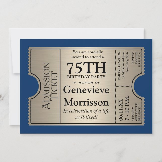 Silver Ticket Style 75th Birthday Party Invite (Front)