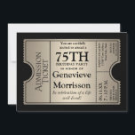 Silver Ticket Style 75th Birthday Party Invite<br><div class="desc">COLOR PALETTE: black and silver metallic look DESIGN COLLECTION: 75th birthday for your favourite grandfather, grandmother, mother, father, aunt or uncle on reaching this milestone age. This modern, Hollywood premier style, elegant movie ticket stub party invitation is perfect for your celebration of any kind. The typography style layout is especially...</div>