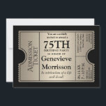 Silver Ticket Style 75th Birthday Party Invite<br><div class="desc">COLOR PALETTE: black and silver metallic look DESIGN COLLECTION: 75th birthday for your favourite grandfather, grandmother, mother, father, aunt or uncle on reaching this milestone age. This modern, Hollywood premier style, elegant movie ticket stub party invitation is perfect for your celebration of any kind. The typography style layout is especially...</div>