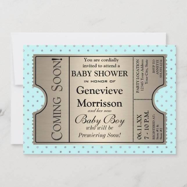 Silver Ticket Style New Baby Shower Party Invite (Front)