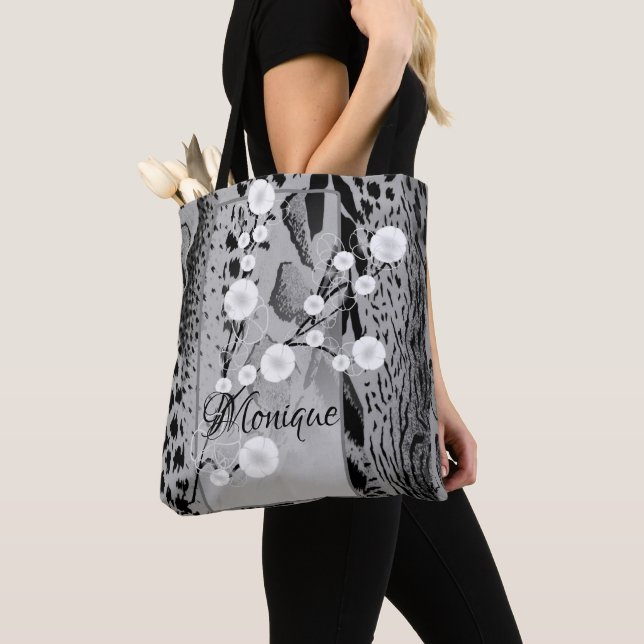 Silver Tiger Print Floral Personalised  Tote Bag (Close Up)