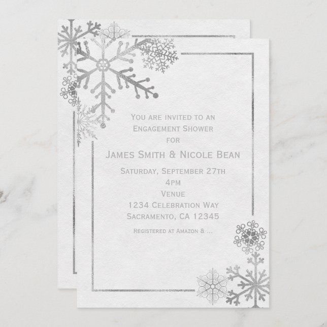 Silver Tone Snowflakes Holiday Winter Invitation (Front/Back)