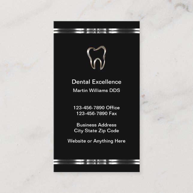Silver Tone Tooth Logo Dentist Business Cards (Front)