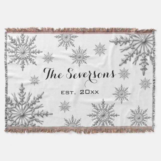 Silver Tone Winter Snowflakes on White Throw Blanket (Front)