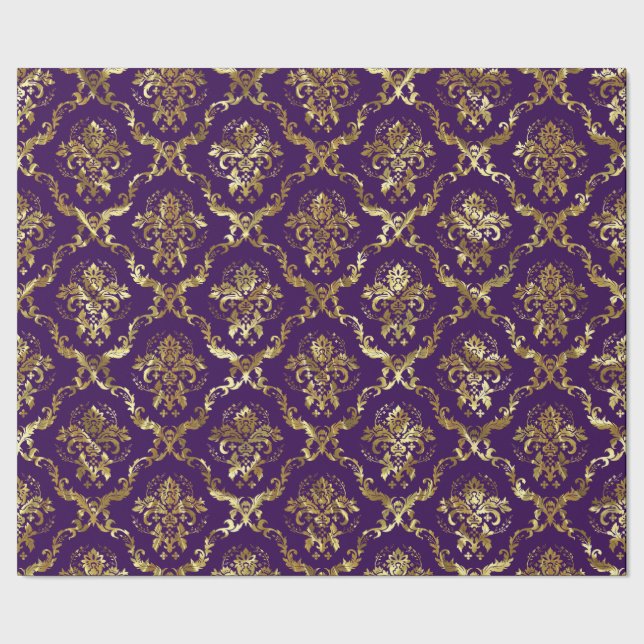 Silver Tones Floral Pattern Purple Background Wrapping Paper (Seam)