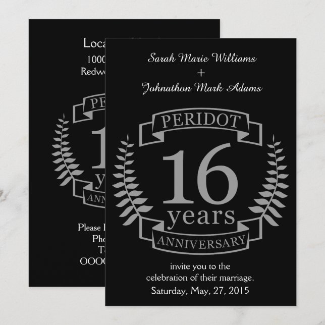Silver Traditional wedding anniversary 16 years Invitation (Front/Back)