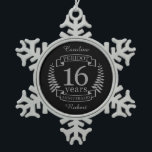 Silver Traditional wedding anniversary 16 years Snowflake Pewter Christmas Ornament<br><div class="desc">A design to celebrate 16 years of marriage. This design has a grey / silver (the traditional colour) coloured laurel design on a black background. Silverware is the traditional gift for this occasion. The text reads Silver 16 years anniversary. A romantic design to celebrate your 16th year of marriage. If...</div>