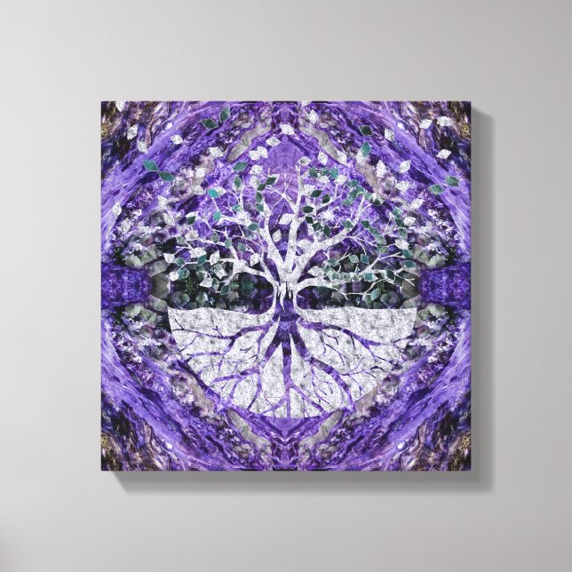 Silver Tree of Life Yggdrasil on Amethyst Geode Canvas Print (Front)