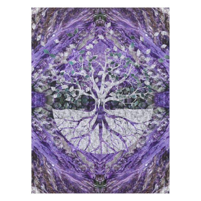 Silver Tree of Life Yggdrasil on Amethyst Geode Tablecloth (Front)