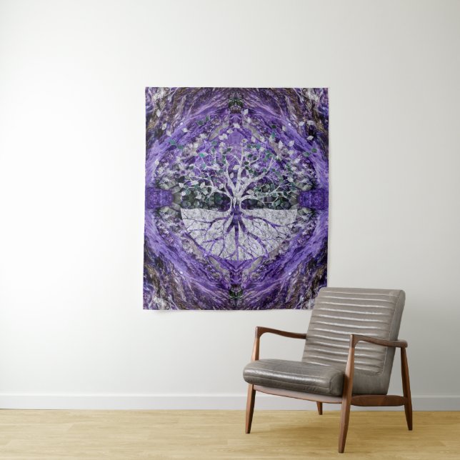 Silver Tree of Life Yggdrasil on Amethyst Geode Tapestry (In Situ)