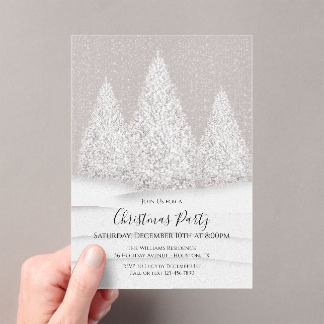 Silver Tree's Snowy Wintry Scene Christmas Acrylic Invitations (Insitu (Handheld))