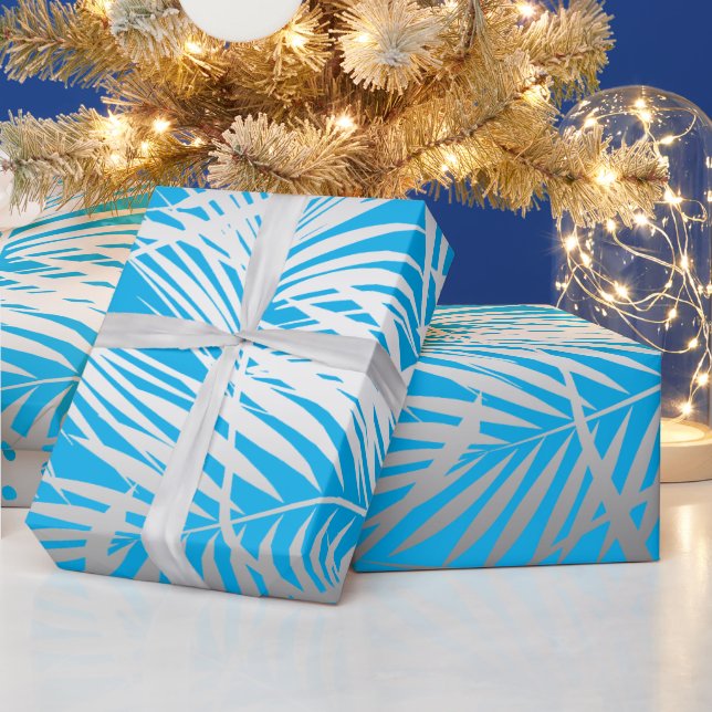 Silver tropical leaf jungle pattern on blue wrapping paper (Holidays)