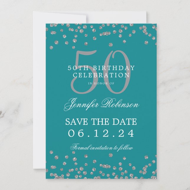 Silver Turquoise 50 Birthday Save Date Confetti Invitation (Front)