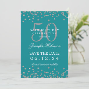 Silver Turquoise 50th Birthday Save Date & Details Invitation