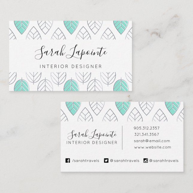Silver & Turquoise Chic & Modern Leaf Pattern Business Card (Front/Back)
