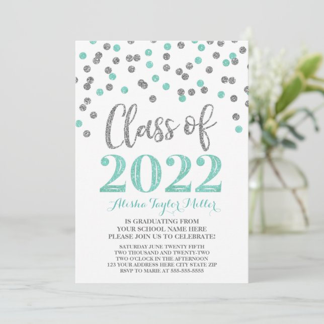 Silver Turquoise Confetti Graduation Party 2022 Invitation (Standing Front)