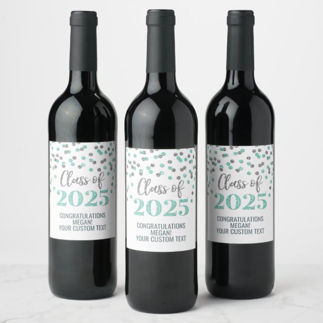 Silver Turquoise Glitter Class of 2025 Graduation Wine Label (Bottles)