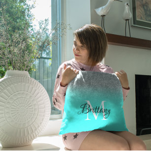 Silver Turquoise Glitter Ombre Monogram Cushion