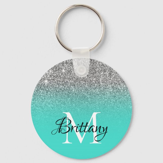 Silver Turquoise Glitter Ombre Monogram Key Ring (Front)
